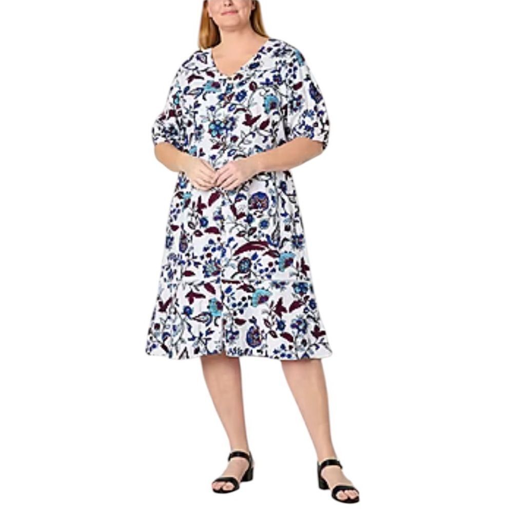 Floral Linen Dress Womens Size 18 White A-line Knee Length V-Neck Summer NEW - Picture 2 of 14